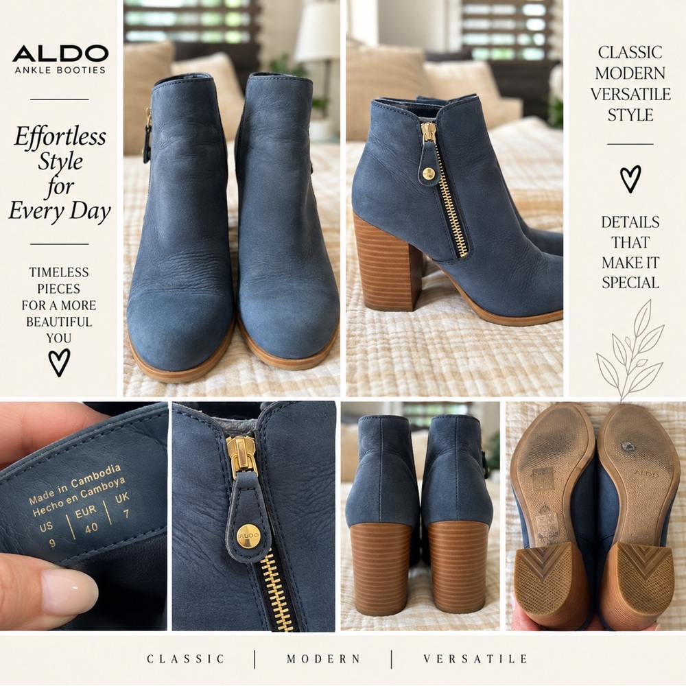 ALDO Navy Blue Leather Ankle Booties with Wood-Block Heel